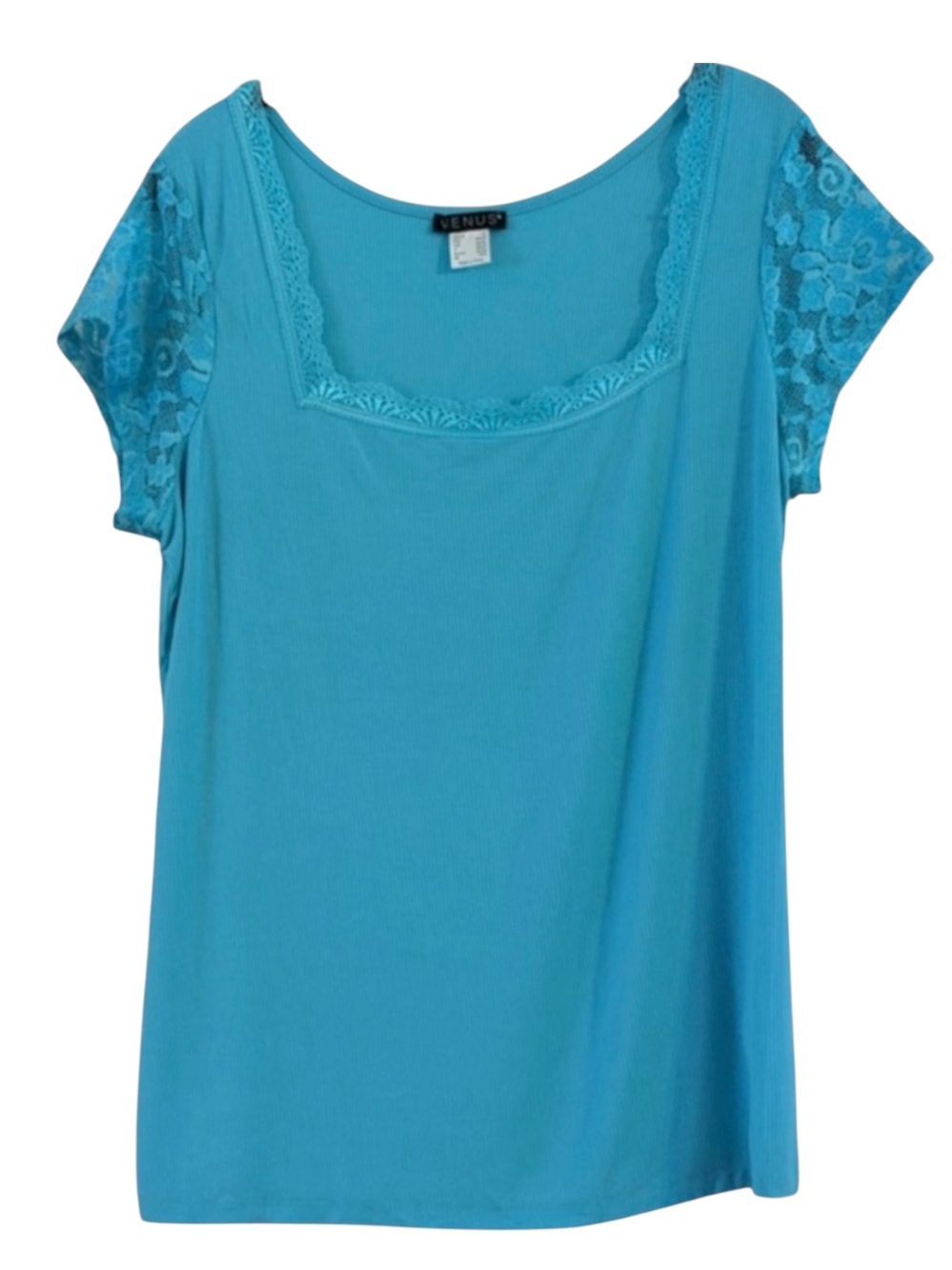 Venus Turquoise Square Neck Top Lace Sleeves 1X Viscose Stretch Ribbed